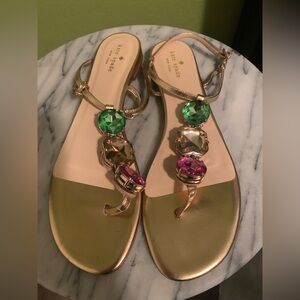 kate spade Gold T-Strap Sandals with Green and Pink Gems - Size 11